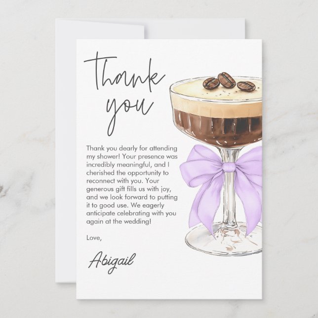 Tarjeta De Agradecimiento Bow Espresso Martini Bridal Shower Gracias (Anverso)