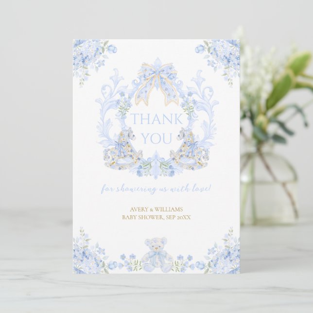 Tarjeta De Agradecimiento Bow Floral Escudo Rustic Blue Boy Baby Shower (Anverso de pie)
