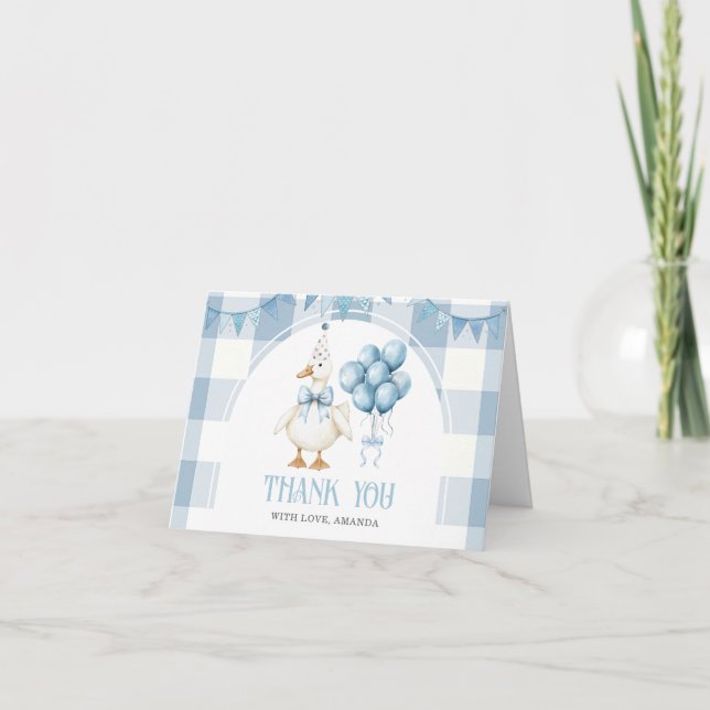 Tarjeta De Agradecimiento Bow One Silly Goose 1st Birthday Blue Gingham (Anverso)