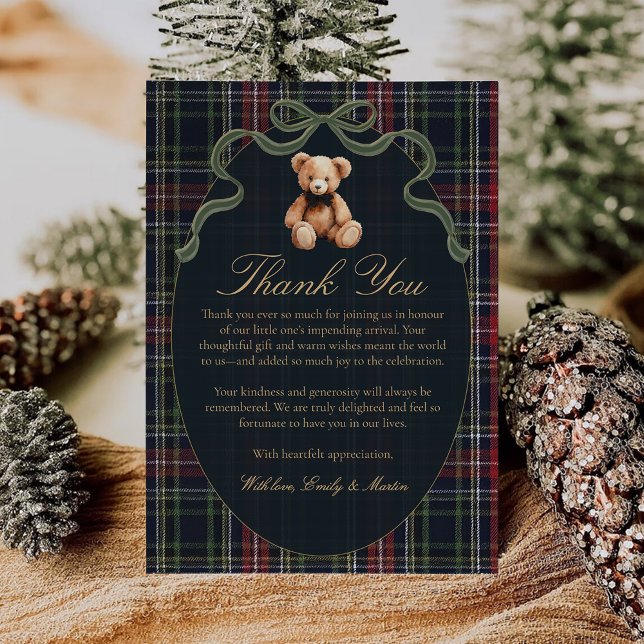 Tarjeta De Agradecimiento Bow Plaid Teddy Bear Baby Shower Thank You Card (Subido por el creador)