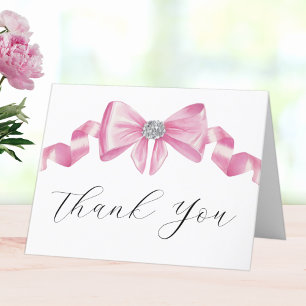 Tarjeta De Agradecimiento Bow Rosa Coquette Glam Bridal Shower Gracias