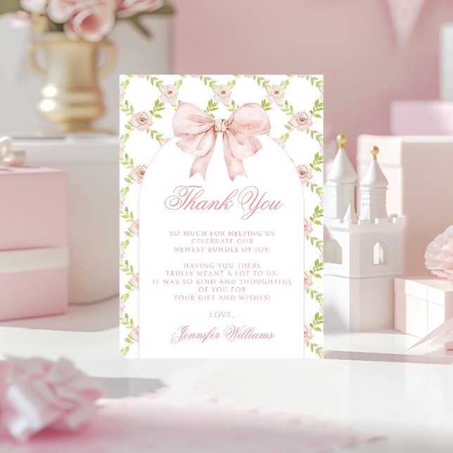 Tarjeta De Agradecimiento Bow rosa floral suave Shabby Chic Baby Shower (Subido por el creador)