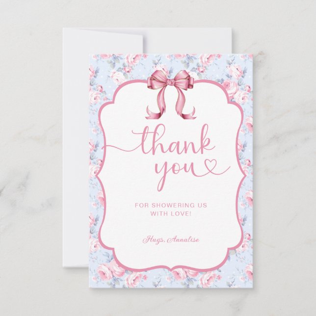 Tarjeta De Agradecimiento Bow Rosado Shabby Chic Baby Shower Gracias (Anverso)