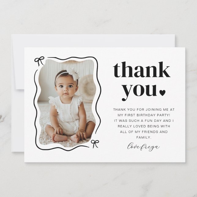 Tarjeta De Agradecimiento Bow Wavy Border Photo Birday (Anverso)