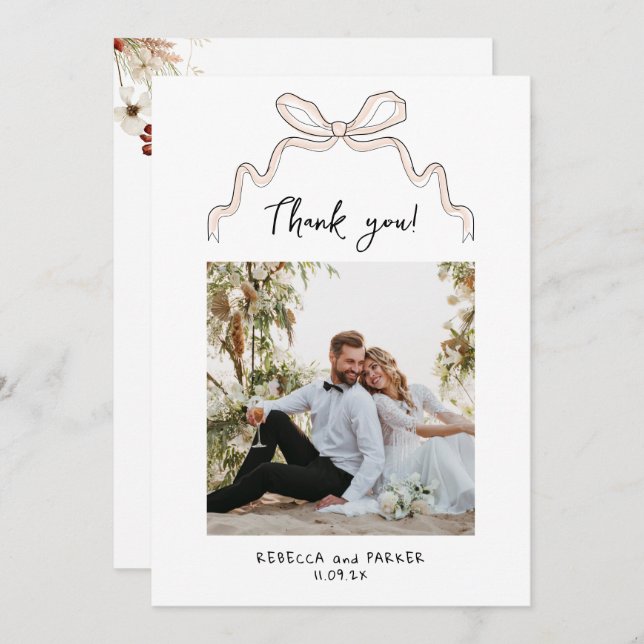 Tarjeta De Agradecimiento Bow y flores Boda Gracias foto Qr scan (Anverso / Reverso)