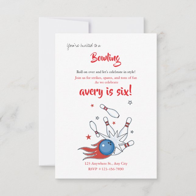 Tarjeta De Agradecimiento Bowling Birthday invitation template editable (Anverso)