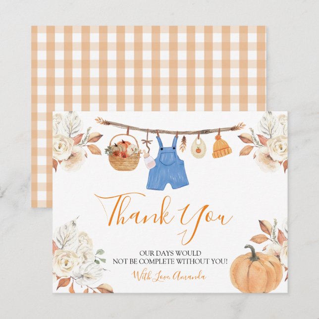 Tarjeta De Agradecimiento Boy Autumn Clothes Pumpkin Fall Baby Shower (Anverso / Reverso)