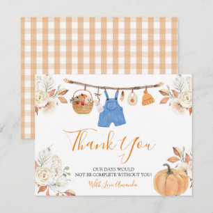 Tarjeta De Agradecimiento Boy Autumn Clothes Pumpkin Fall Baby Shower