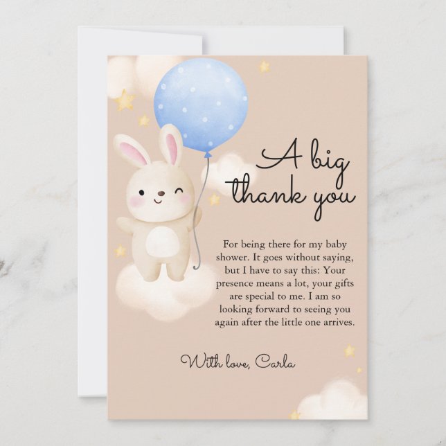 Tarjeta De Agradecimiento Boy Balloon Cute Brown Bunny Baby Shower (Anverso)