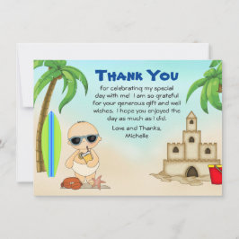 Tarjeta De Agradecimiento Boy Beach Baby Sandcastle en Surfboard Baby Shower