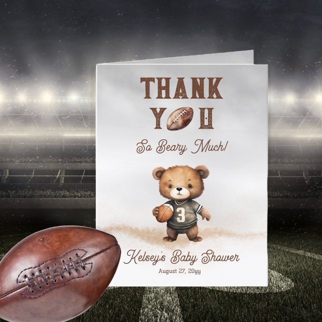 Tarjeta De Agradecimiento Boy Bearly Wait American Football Baby Shower (Teddy Bear Boy American Football Bearly Wait Baby Shower "Thank You Beary Much!" Folded Card)