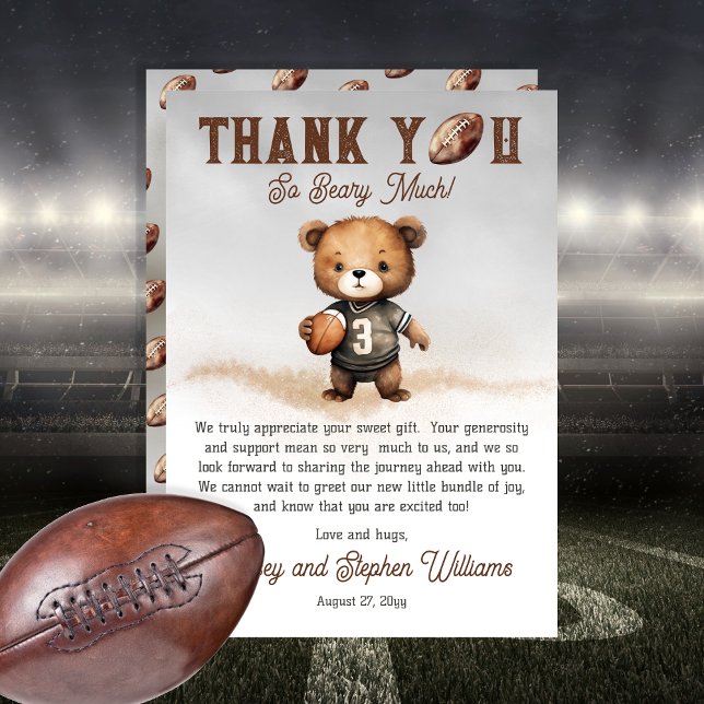 Tarjeta De Agradecimiento Boy Bearly Wait American Football Baby Shower (Teddy Bear Boy American Football Baby Shower "Thank You Beary Much!" Flat Thank You Card Bearly Wait)