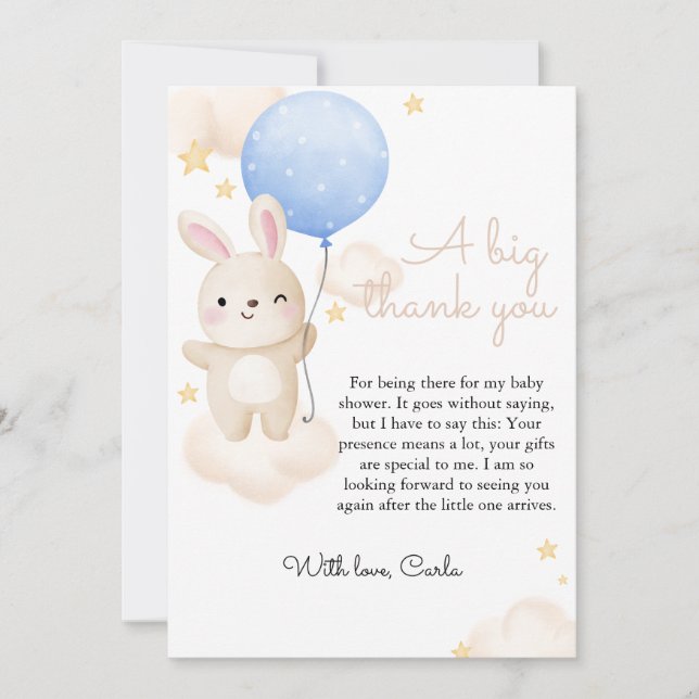 Tarjeta De Agradecimiento Boy Blue Balloon Cute Bunny Baby Shower (Anverso)