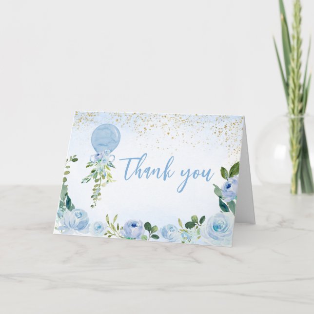 Tarjeta De Agradecimiento Boy Blue Balloon Greenery Baby Shower (Anverso)