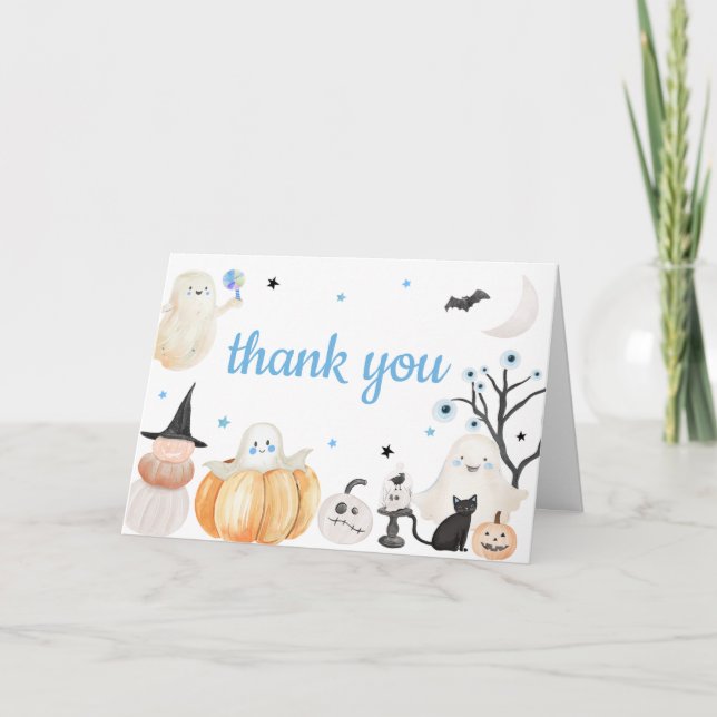 Tarjeta De Agradecimiento Boy Halloween Little Boo Baby Shower (Anverso)