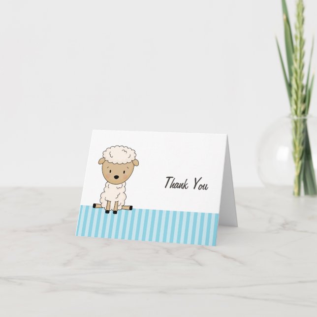 Tarjeta De Agradecimiento Boy Lamb Baby Shower Blue Stripe Gracias (Anverso)