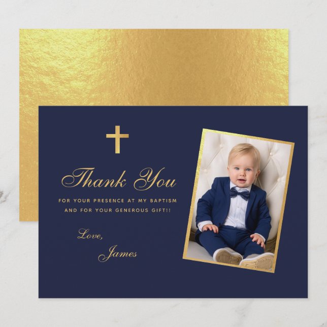 Tarjeta De Agradecimiento Boy Photo Baptism Faux Relieve metalizado dorado N (Anverso / Reverso)