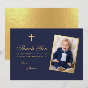 Tarjeta De Agradecimiento Boy Photo Baptism Faux Relieve metalizado dorado N