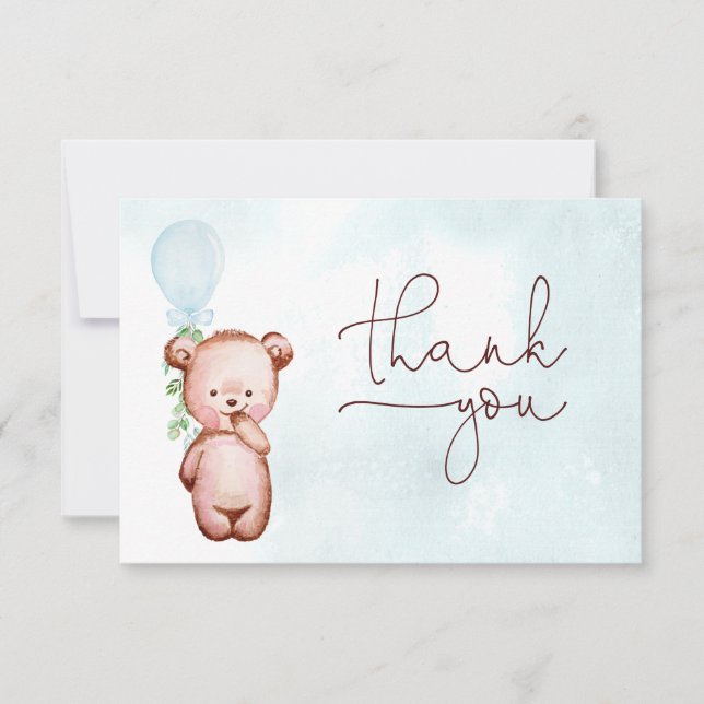 Tarjeta De Agradecimiento Boy Teddy Bear Blue Balloon Baby Shower (Anverso)