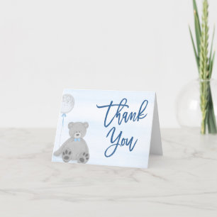 Tarjeta De Agradecimiento Boy Teddy Bear Blue Gray Balloon Baby Shower