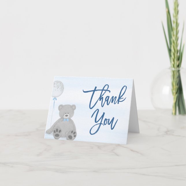 Tarjeta De Agradecimiento Boy Teddy Bear Blue Gray Balloon Baby Shower (Anverso)