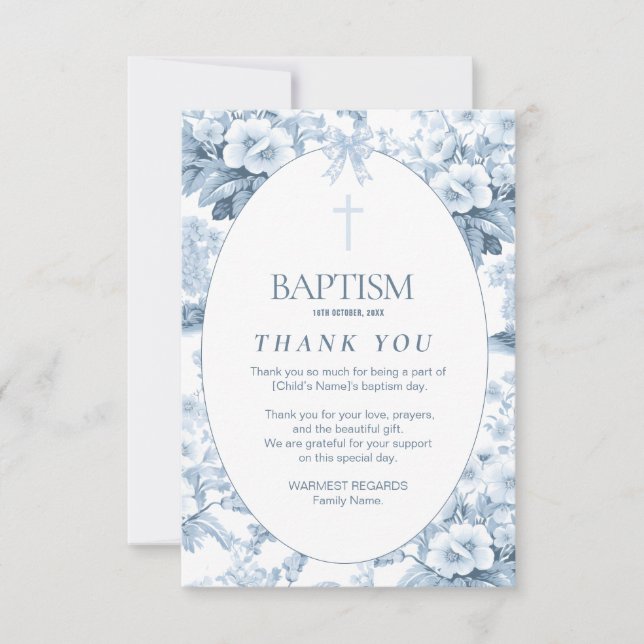 Tarjeta De Agradecimiento Boys Baptism Gracias Tarjeta, Blue Vintage Floral (Anverso)
