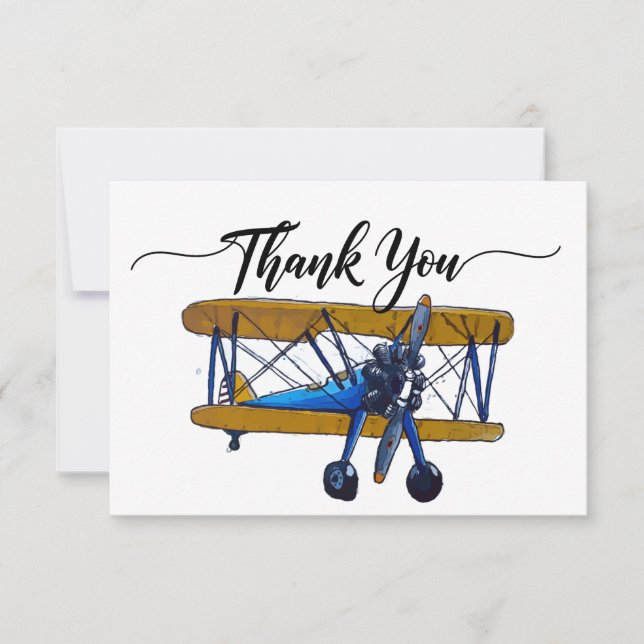 Tarjeta De Agradecimiento Boys birthday party with yellow and blue biplane (Anverso)