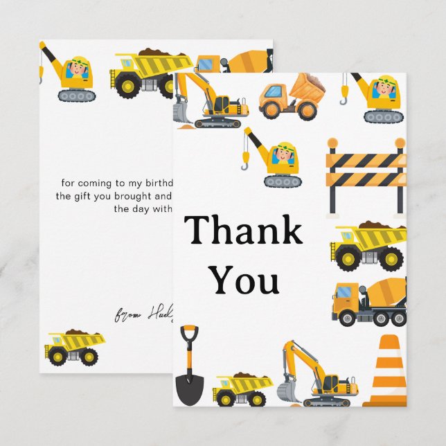 Tarjeta De Agradecimiento Boys Construction Birthday Party Theme (Anverso / Reverso)