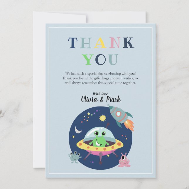 Tarjeta De Agradecimiento Boys Cute Space Alien Rocket Ship Baby Shower (Anverso)