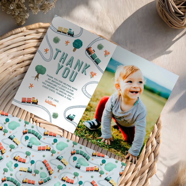 Tarjeta De Agradecimiento Boys Cute Train Photo Birthday (Subido por el creador)