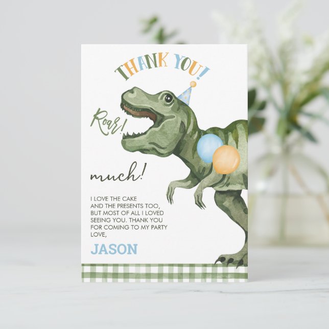 Tarjeta De Agradecimiento Boys Green Roar Dinosaur Birthday (Anverso de pie)