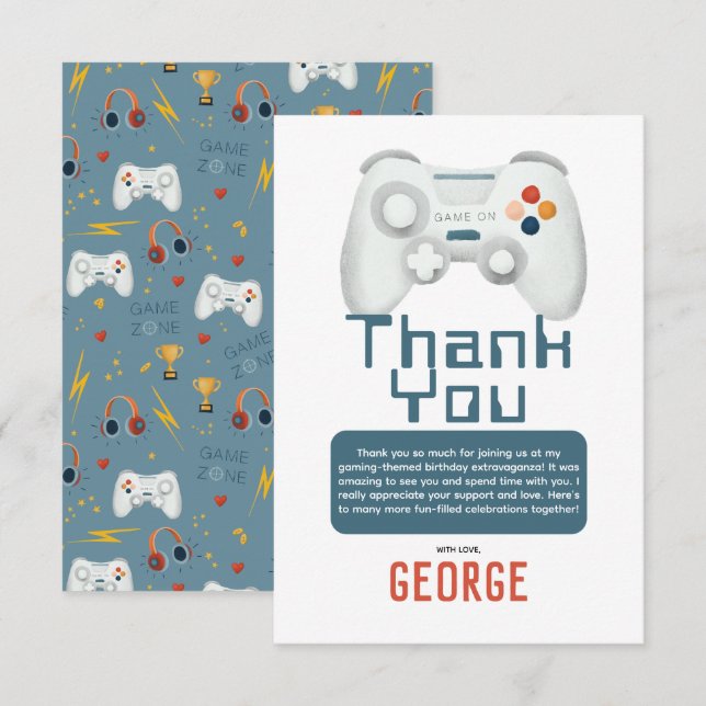 Tarjeta De Agradecimiento Boys Guay Gaming Kids Cumpleaños (Anverso / Reverso)