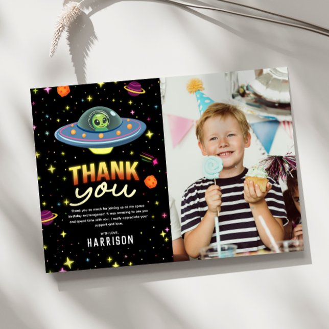 Tarjeta De Agradecimiento Boys Neon Space UFO Birthday Photo Thank You (Subido por el creador)