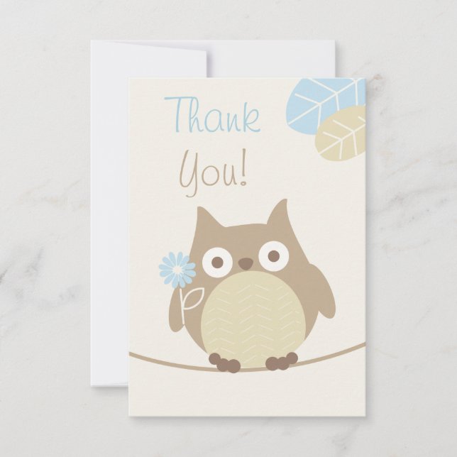 Tarjeta De Agradecimiento Boys Owl Baby Shower Gracias (Anverso)