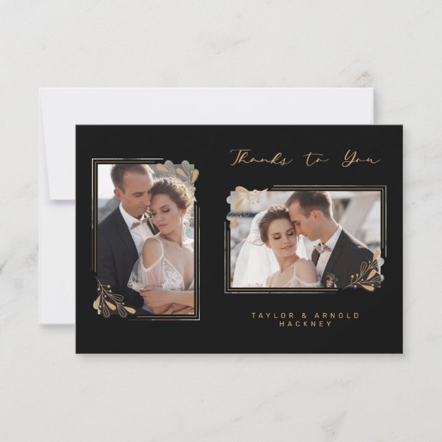 Tarjeta De Agradecimiento Branches Botánicos Elegante Marco 2 Fotos Boda (Anverso)
