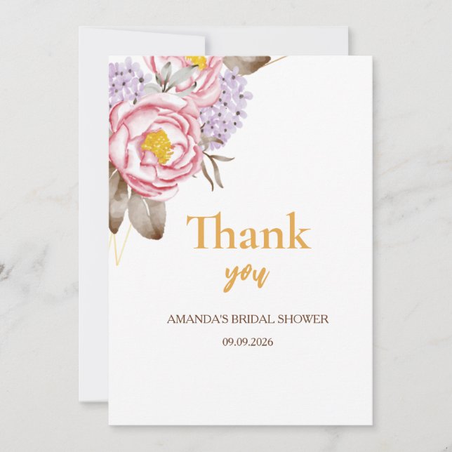 Tarjeta De Agradecimiento Bridal Ducha eucalipto floral rosa oro rosa (Anverso)