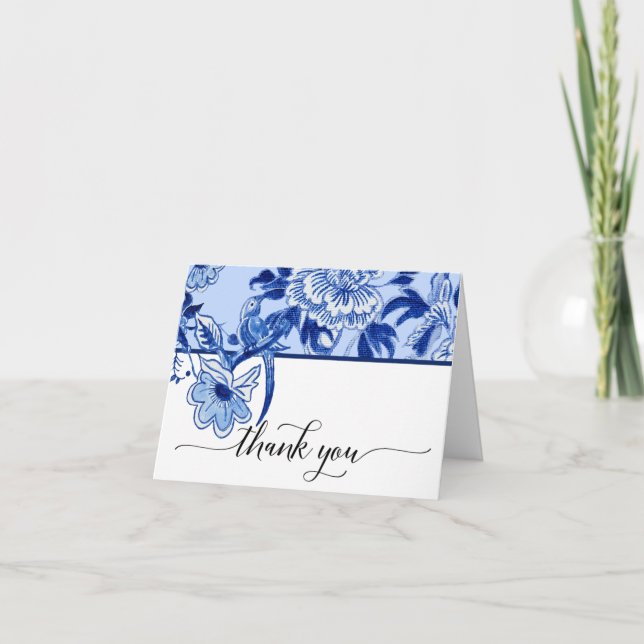 Tarjeta De Agradecimiento Bridal Gracias Sky Blue Bird Floral Chinoiserie (Anverso)