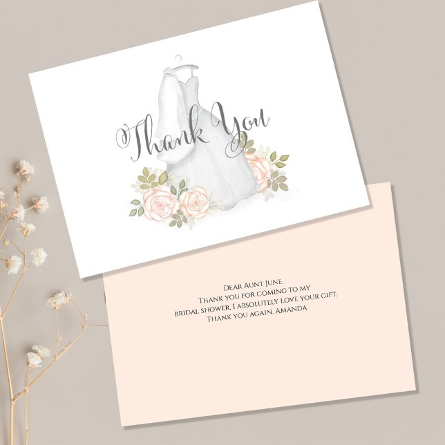 Tarjeta De Agradecimiento Bridal Shower Boda Gown Gracias (Stylish Thank you postcard with blush pink roses. )