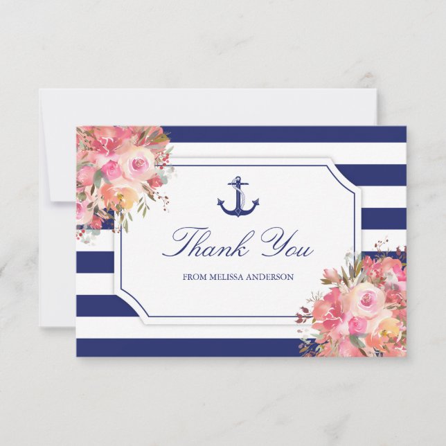 Tarjeta De Agradecimiento Bridal Shower Nautical Anchor Blue Gracias (Anverso)