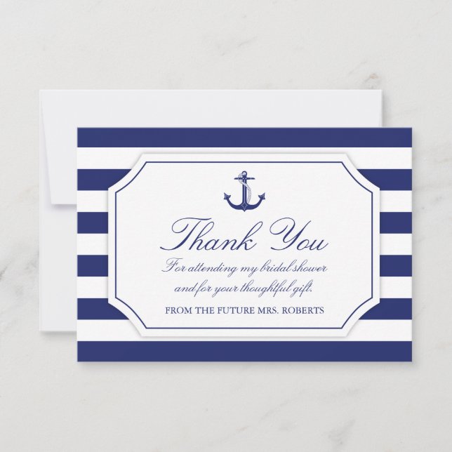 Tarjeta De Agradecimiento Bridal Shower Nautical Anchor Naval Azul Gracias (Anverso)