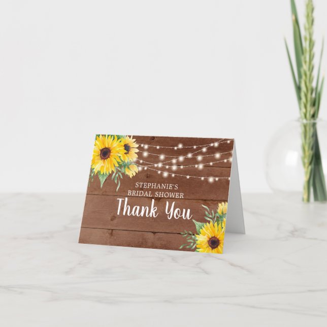 Tarjeta De Agradecimiento Bridal Shower Rustic Sunflower Lights Gracias (Anverso)