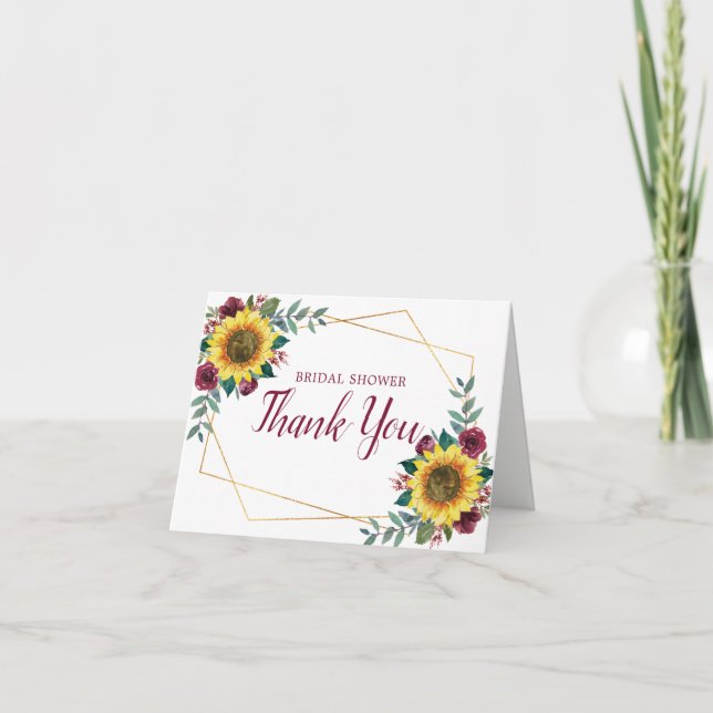 Tarjeta De Agradecimiento Bridal Shower Sunflower Geometric Floral Gracias (Anverso)