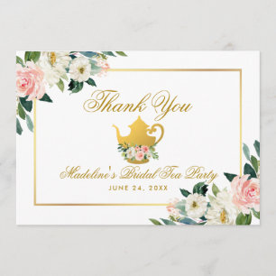 Tarjeta De Agradecimiento Bridal Shower Tea Fiesta Oro Floral Rosa Gracias