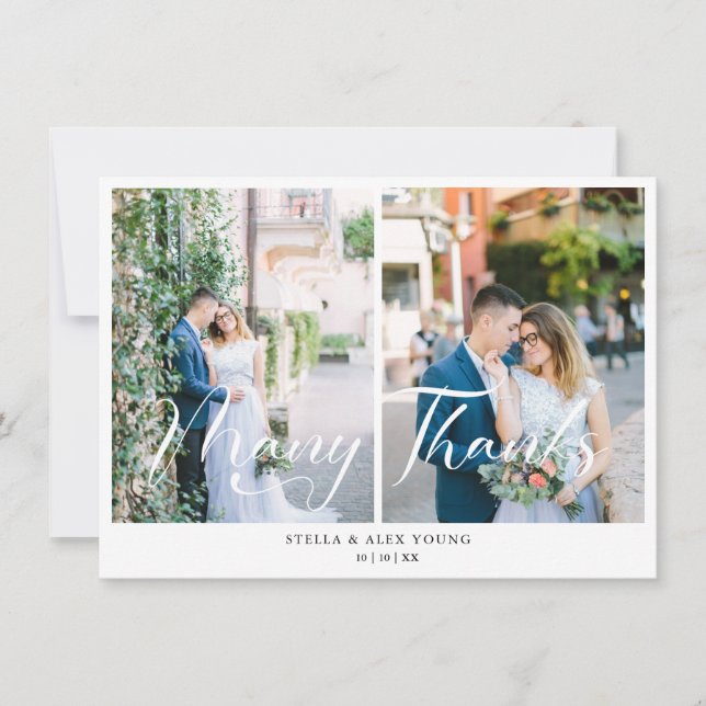 Tarjeta De Agradecimiento Bride & Groom Chic 2 Photos Collage Hand Lettered (Anverso)