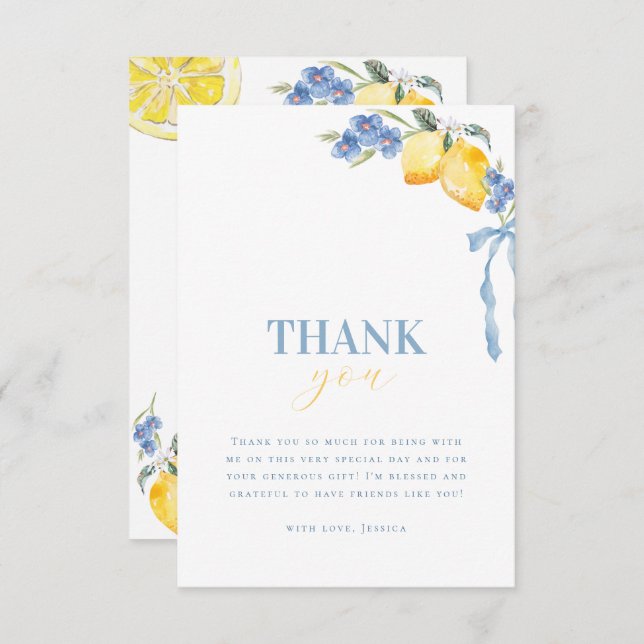 Tarjeta De Agradecimiento Bright Italian Blue Bow Lemon Floral Bridal Shower (Anverso / Reverso)