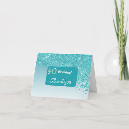 Tarjeta De Agradecimiento Brillante Purpurina Azul Verde azulado, 40 cumplea