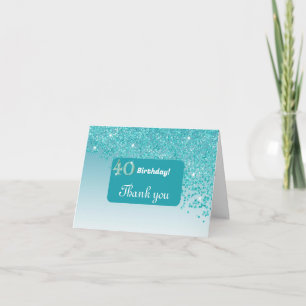 Tarjeta De Agradecimiento Brillante Purpurina Azul Verde azulado, 40 cumplea