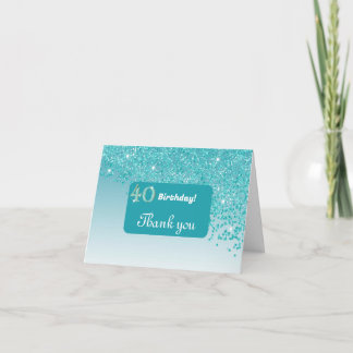 Tarjeta De Agradecimiento Brillante Purpurina Azul Verde azulado, 40 cumplea