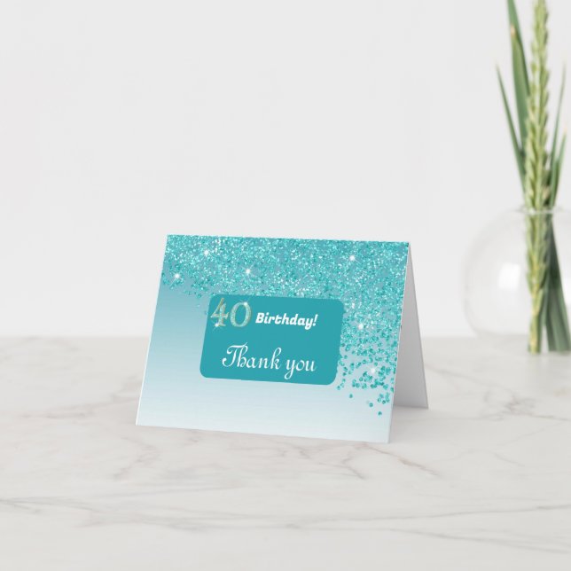Tarjeta De Agradecimiento Brillante Purpurina Azul Verde azulado, 40 cumplea (Anverso)