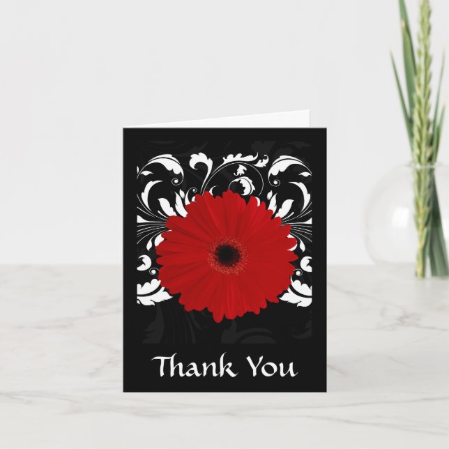 Tarjeta De Agradecimiento Brillante Red Gerbera Daisy sobre negro (Anverso)